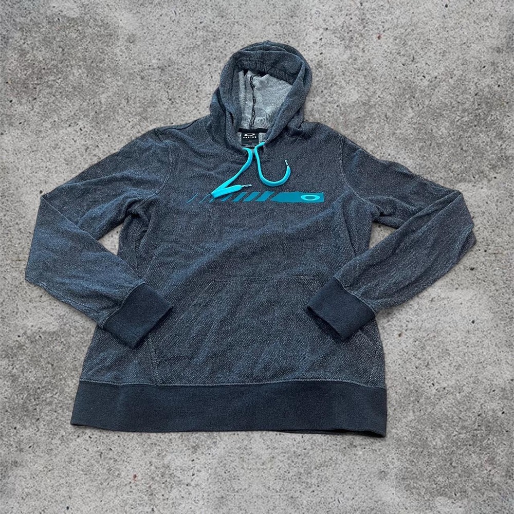 Vintage Oakley Center‎ Logo Fleece Pullover Hoodie Heather Grey Teal Womens M